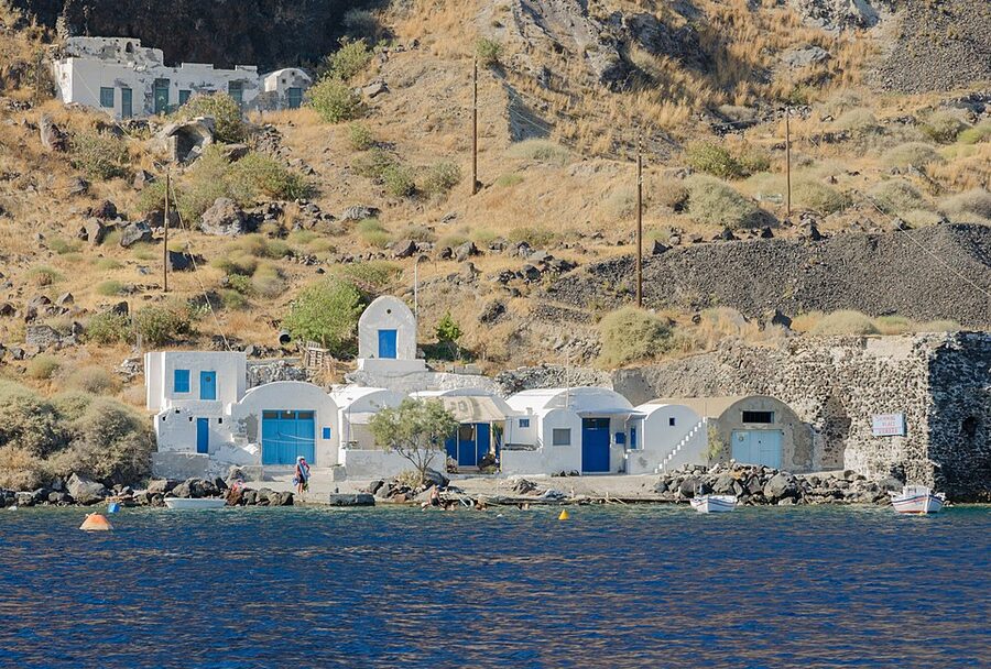 Thirassia Korfos harbor Santorini view from caldera