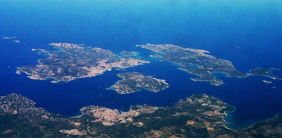 Aerial view across multiple islands of the La Maddalena Archipelago