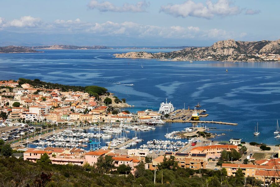 Aerial view of Palau harbour and town in Sardinia