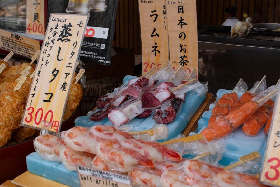 Seafood skewer display at Japanese market