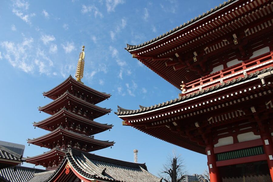 Five-story pagoda at Sensoji Temple against blue sky in Asakusa Tokyo
