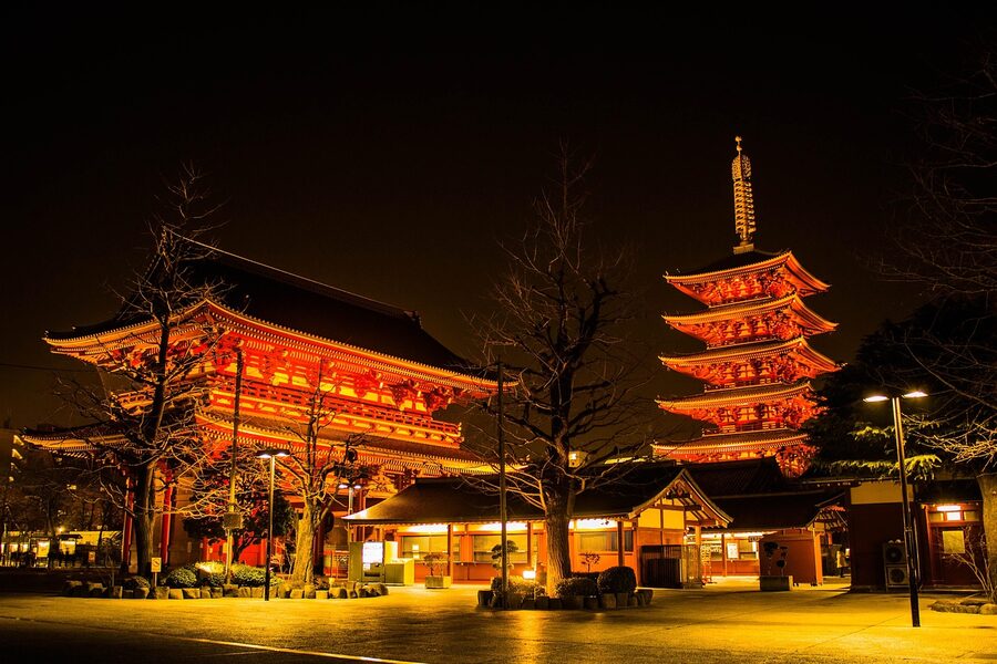 Sensoji Temple at night with warm vermilion glow in Asakusa