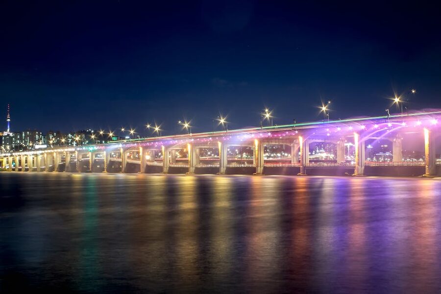 Banpo Bridge with colorful lights over Han River Seoul at night