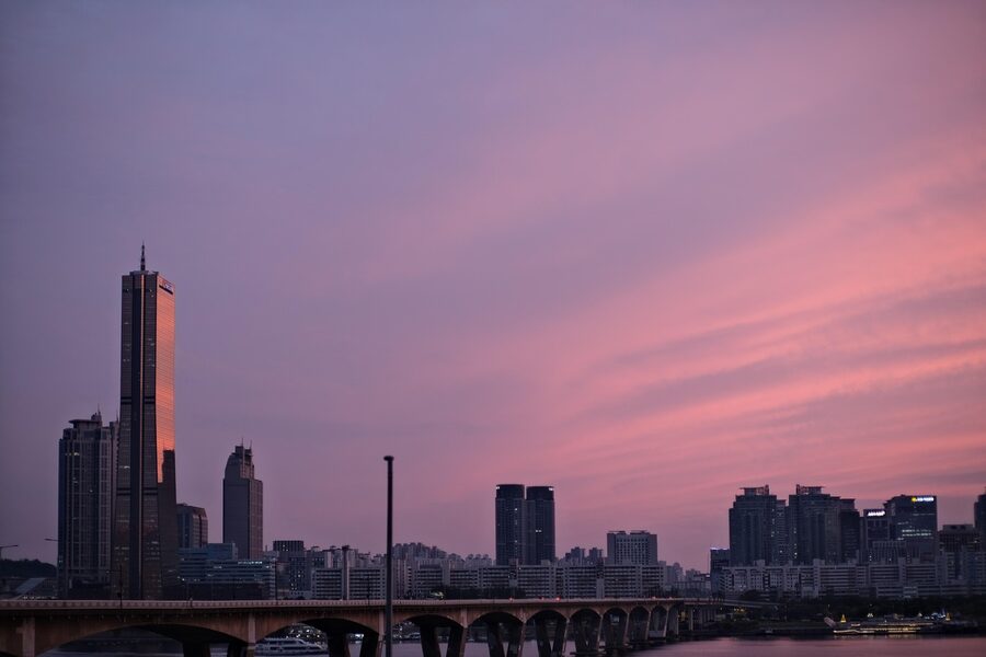 Han River at dusk with Seoul city skyline