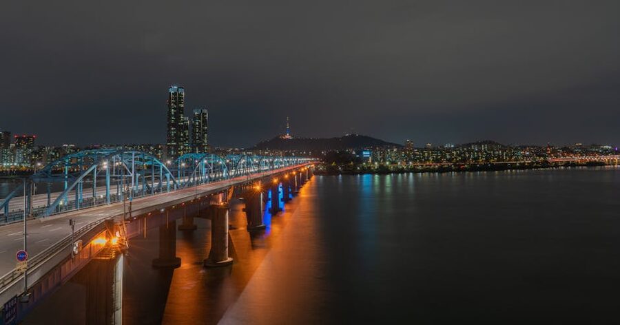 Seoul skyline and illuminated bridge over the Han River at night