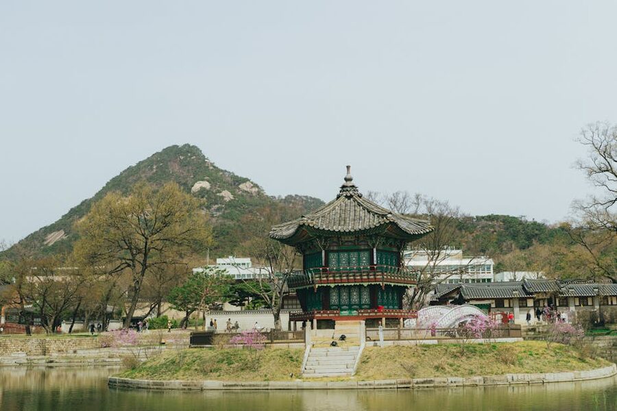 Korean pavilion with cherry blossoms Seoul