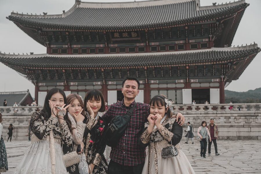 Visitors posing in hanbok at Gyeongbokgung