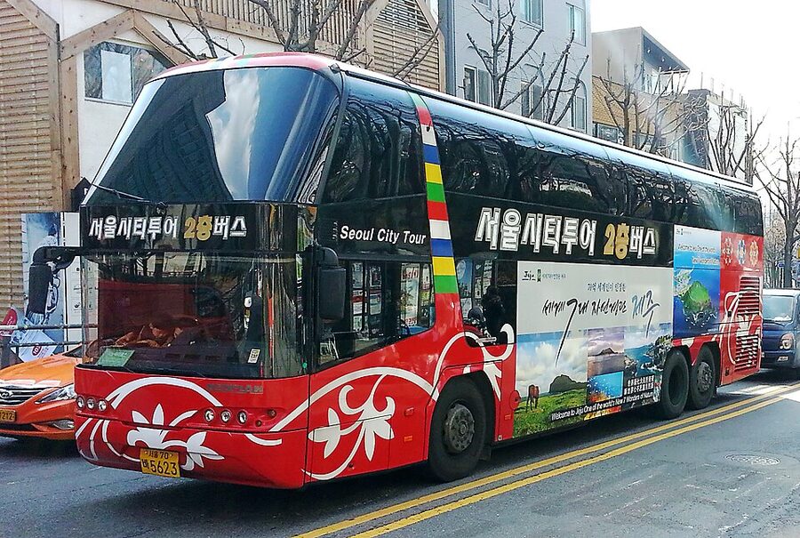 Seoul City Tour Bus bi-level double decker parked at a stop