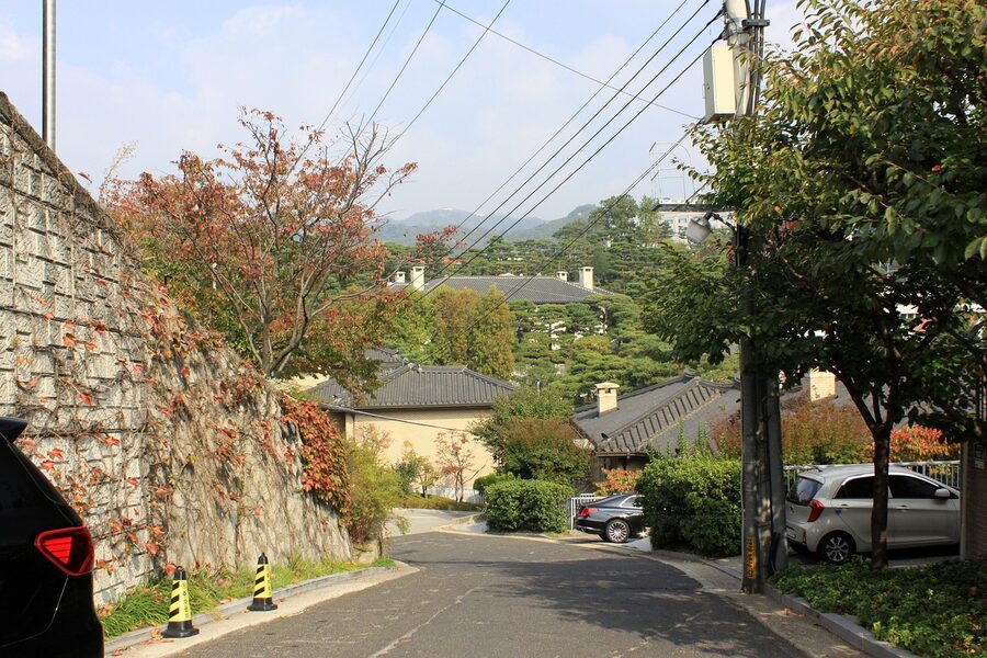 Bukchon Hanok Village rooftops with traditional tiled roofs