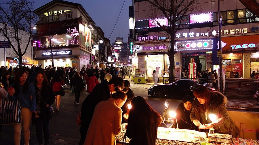Hongdae party district at night in Seoul