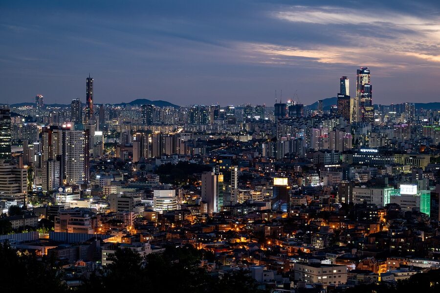 Seoul skyline at night with Gangnam-side skyscrapers