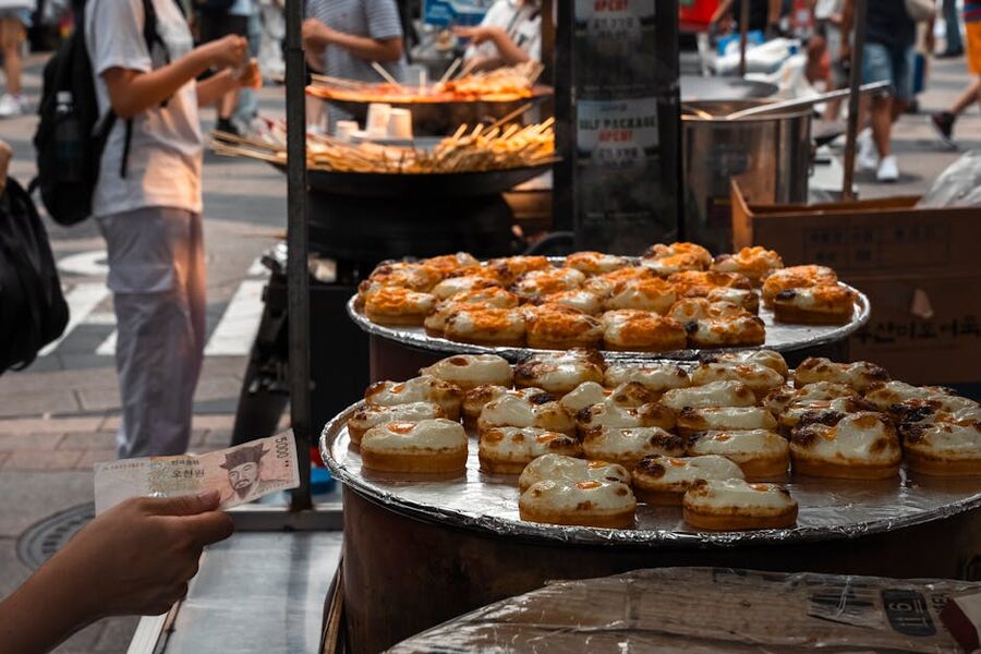 Seoul street food stall with egg bread pastries