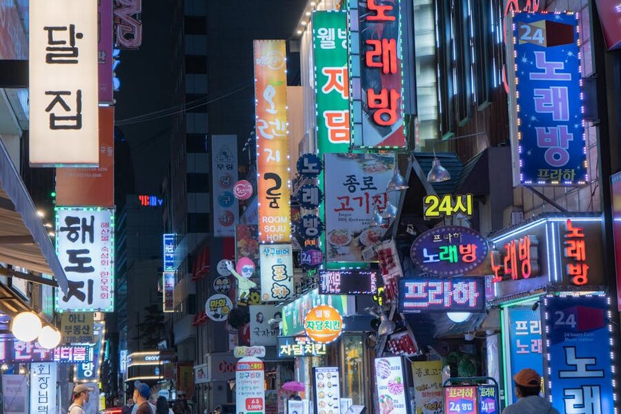 Myeongdong at night with neon signs Seoul