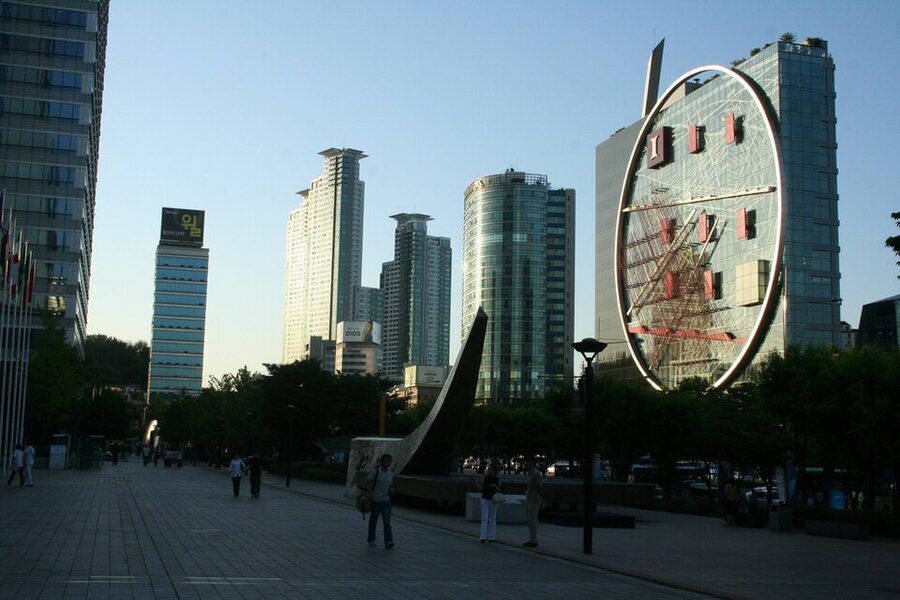 Gangnam street Seoul with commercial buildings