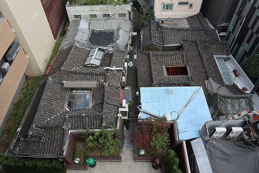 Hanok rooftops at Insadong viewed from shopping complex
