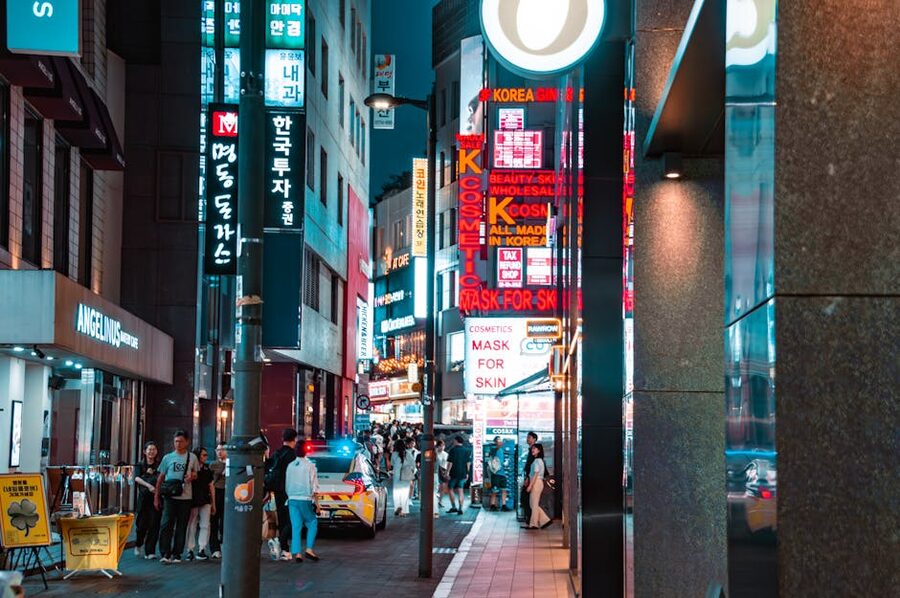 Myeongdong night scene with neon signs in Seoul