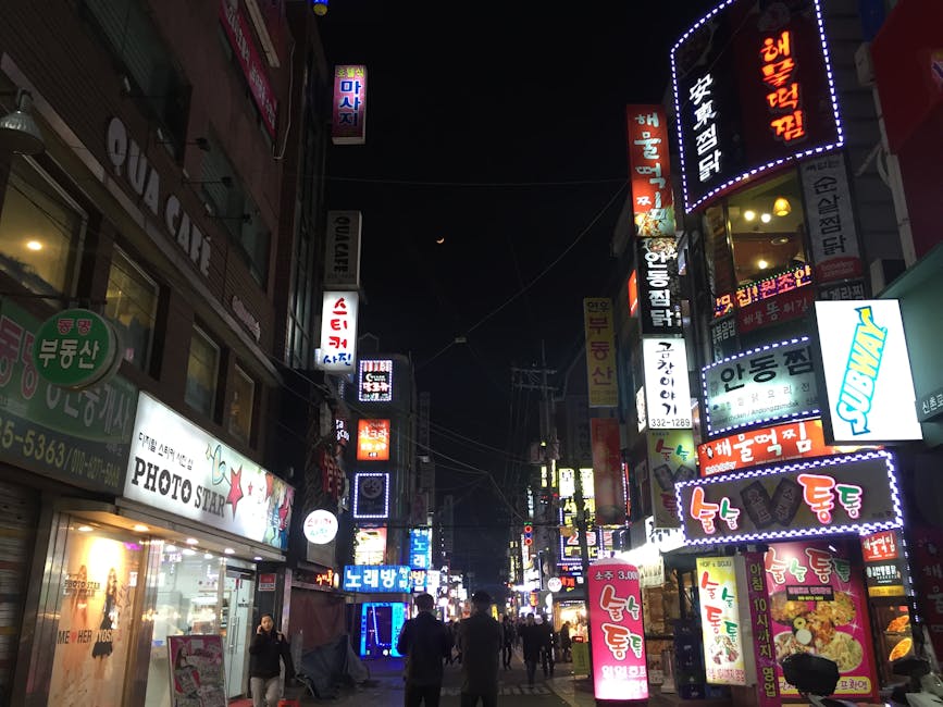 Seoul street with neon lights and nightlife in the Changcheon-dong area