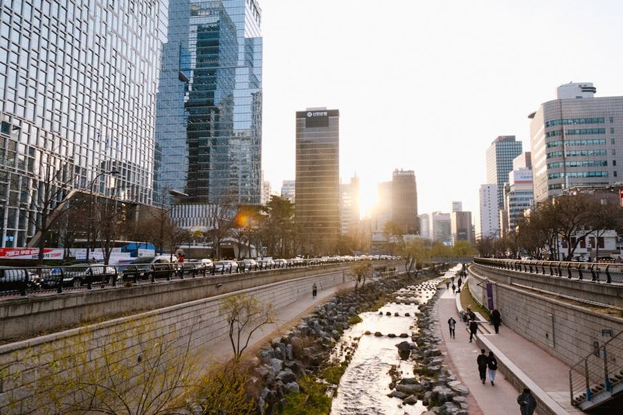 Cheonggyecheon Stream at dusk in central Seoul