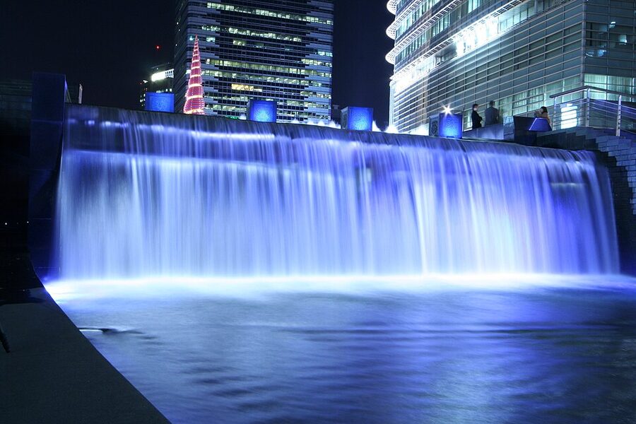 Cheonggyecheon Stream waterfall illuminated at night in Seoul