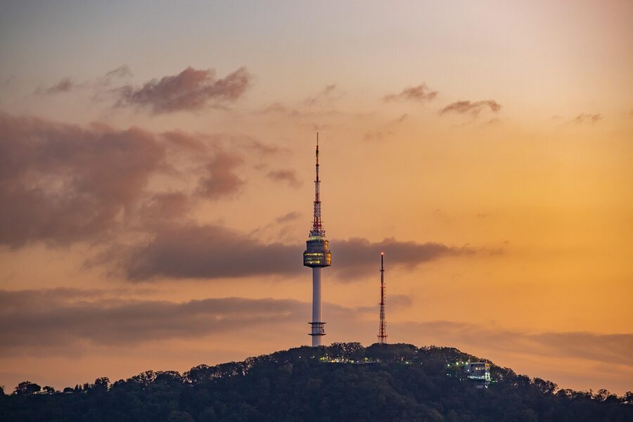 Dark Seoul skyline at night with Namsan Tower visible