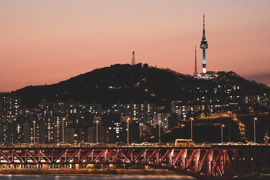Namsan Tower above Han River at night in Seoul