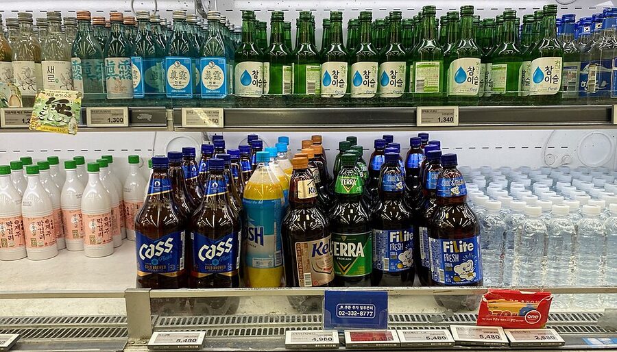 Korean beer soju and makgeolli bottles
