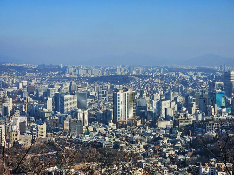 Aerial view of Seoul dense urban skyline