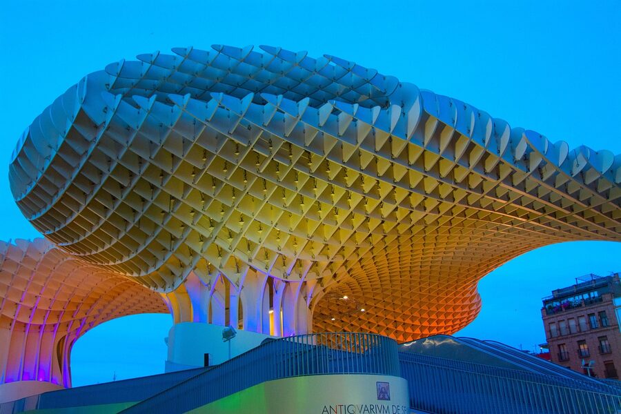 Setas de Sevilla lit up in the evening