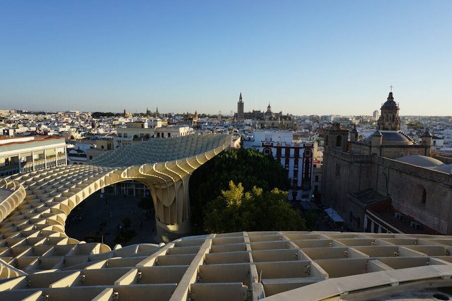 View of Seville Cathedral from Setas de Sevilla at sunset