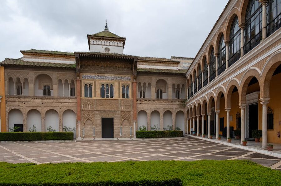 Majestic courtyard at Alcazar of Seville