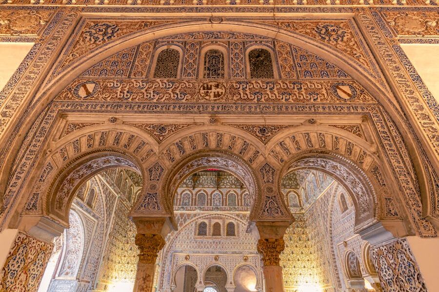 Detailed Moorish architecture at Royal Alcazar of Seville