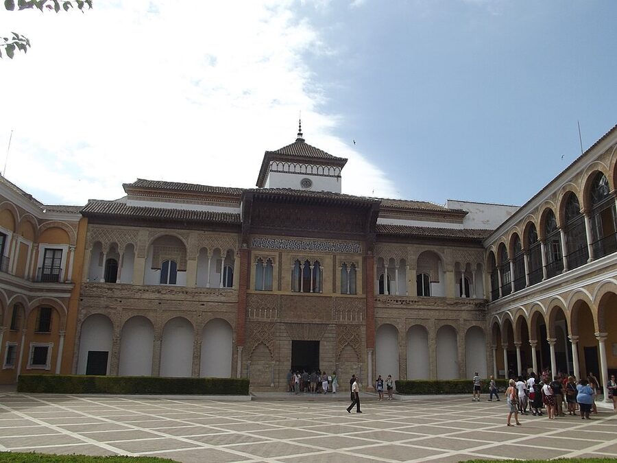 Patio de la Monteria with Mudejar Palace facade Alcazar Seville