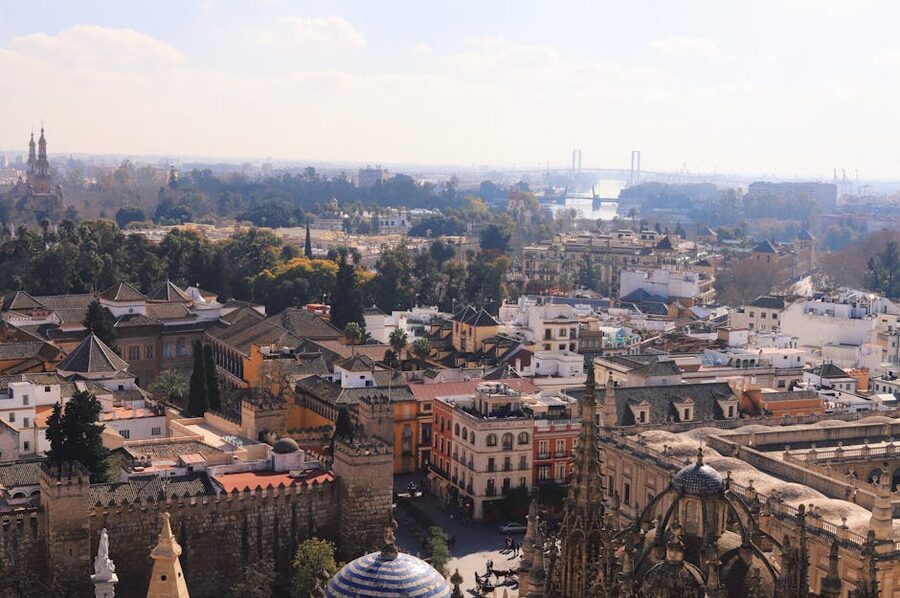 Aerial view of Seville Cathedral showing scale relative to the old town