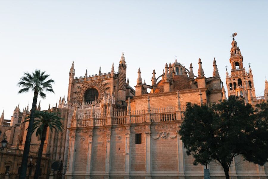Seville Cathedral facade in warm evening light