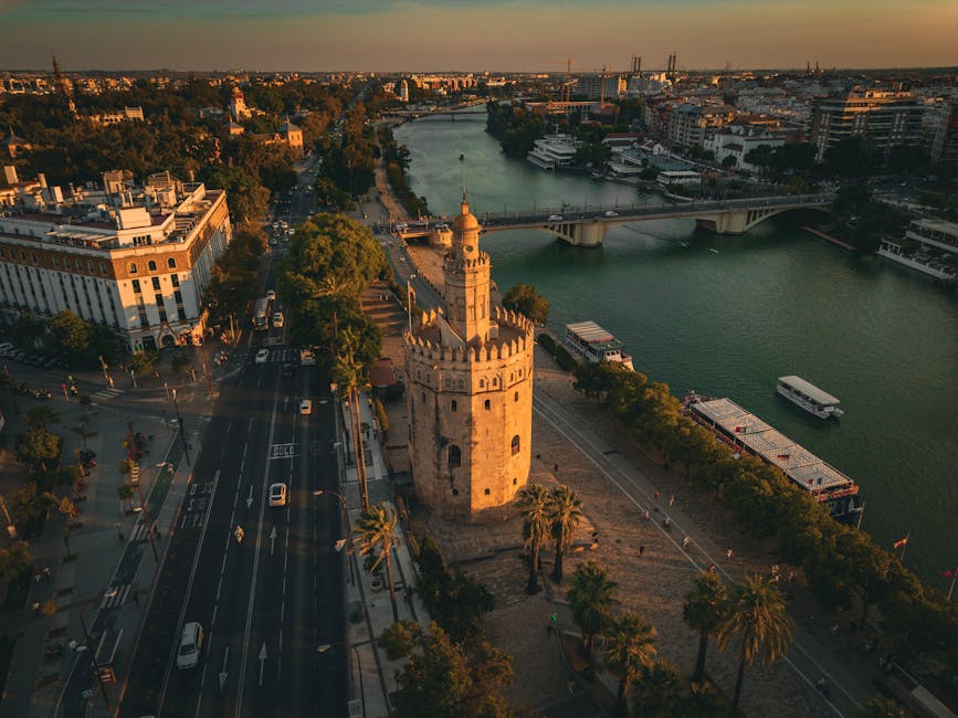 Aerial view of Torre del Oro and Guadalquivir at sunset