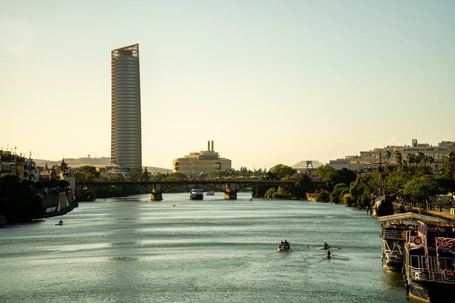 Seville bridges at sunset over Guadalquivir
