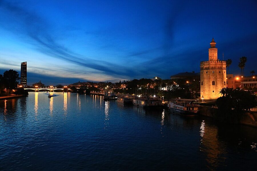 Guadalquivir Seville at dusk with city skyline