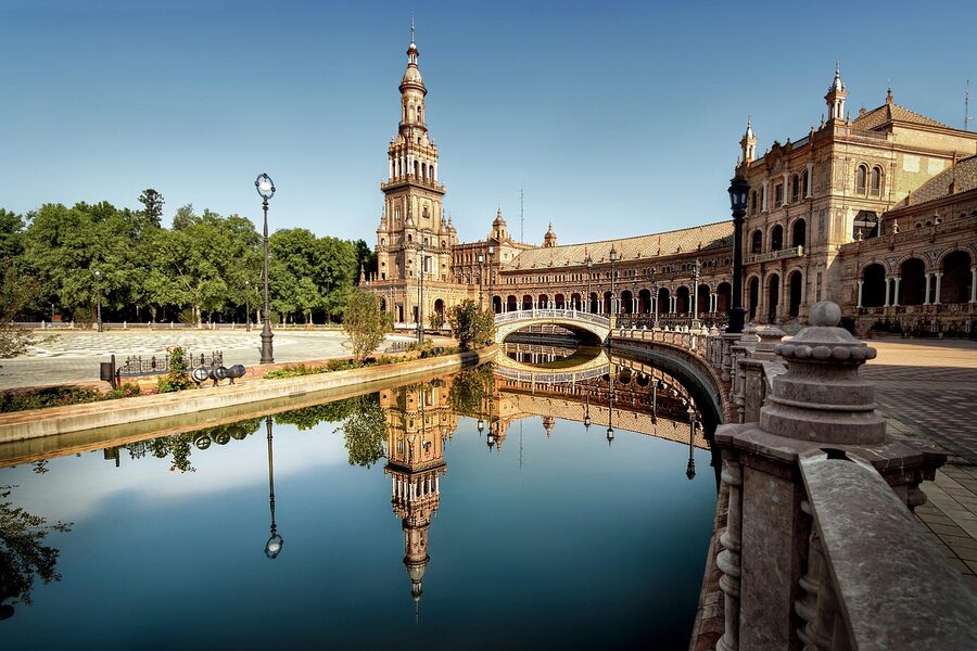 Seville cityscape with terracotta rooftops and river