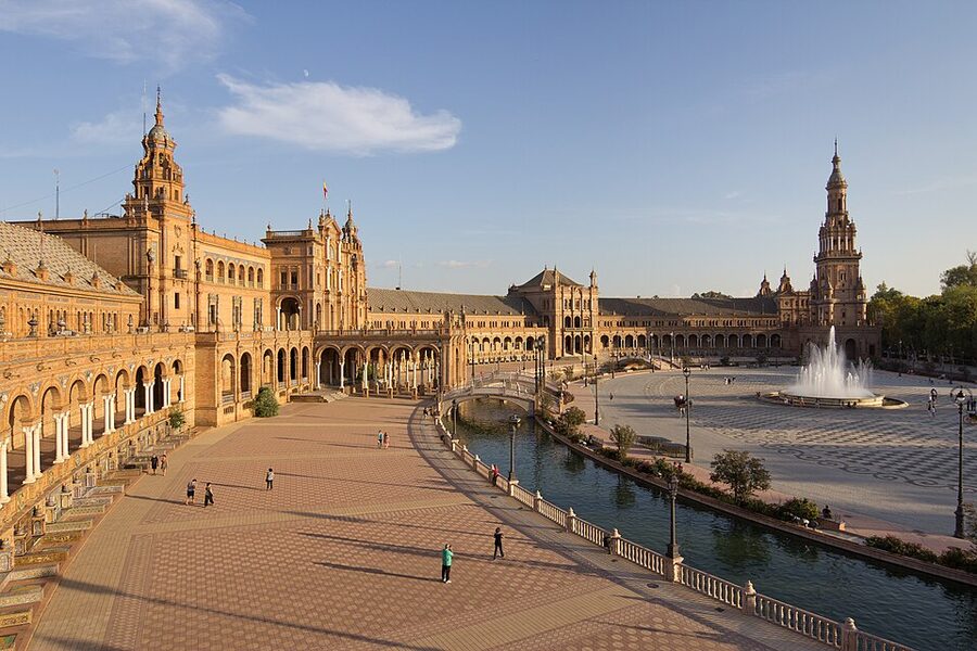 Plaza de Espana Sevilla aerial view of crescent and canal