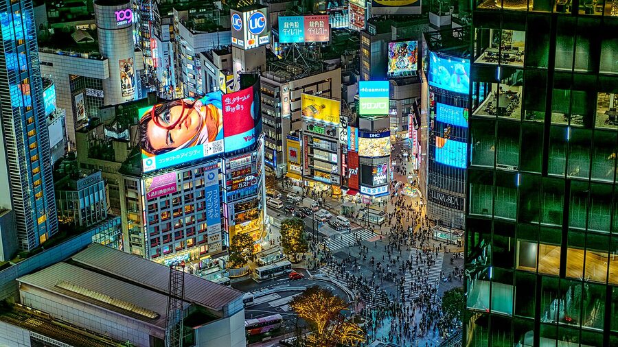 Aerial view of Shibuya Scramble Square crossing Tokyo