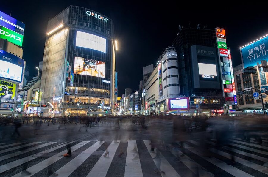 Dynamic nightlife scene at Shibuya Crossing Tokyo