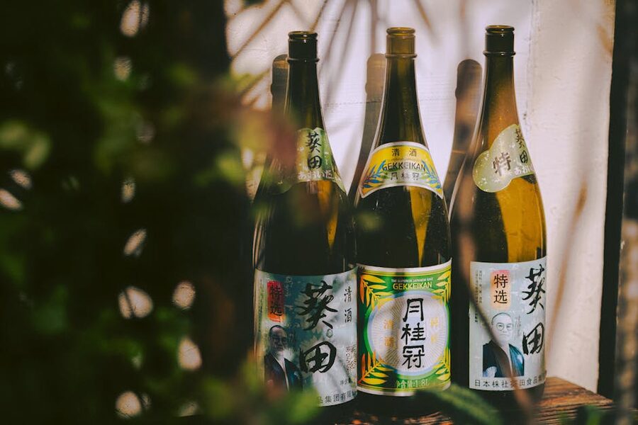 Traditional Japanese sake bottles with labels