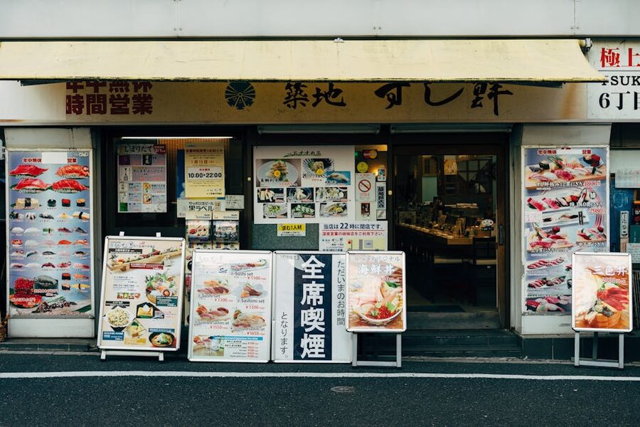 Sushi restaurant menu displays in Tokyo