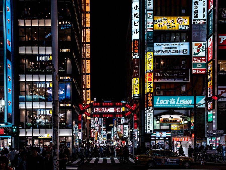 Shinjuku Kabukicho neon signs at night near the samurai show venue