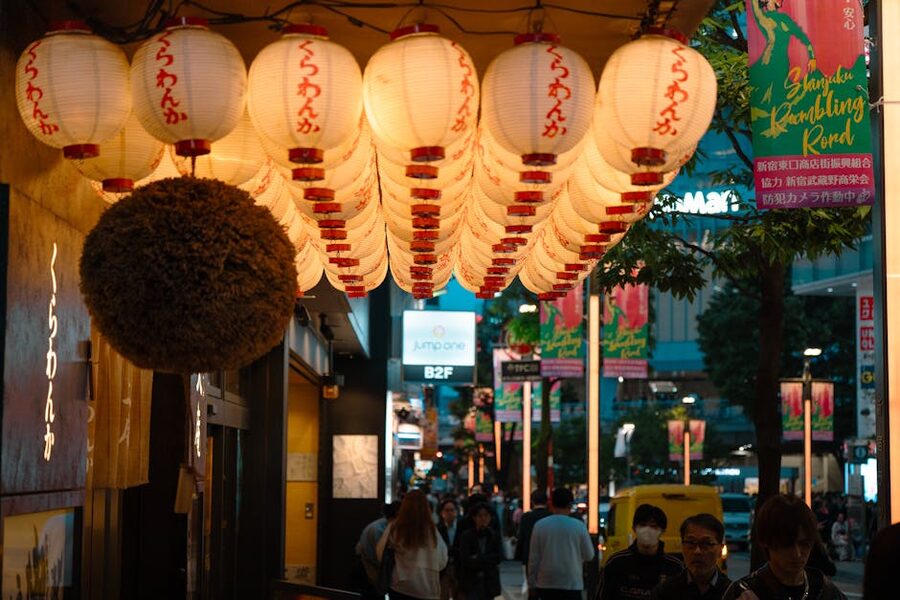 Traditional Japanese lanterns lighting a Shinjuku street at night