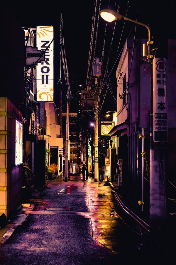 Neon-lit street in Shinjuku Tokyo at night with signs and pedestrians