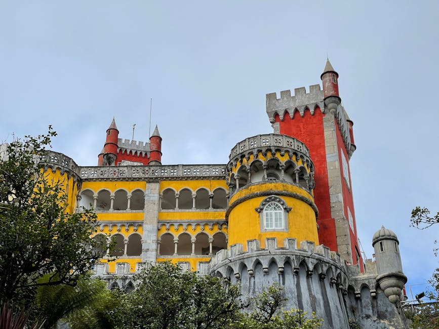 Pena Palace yellow and red towers low angle view Sintra