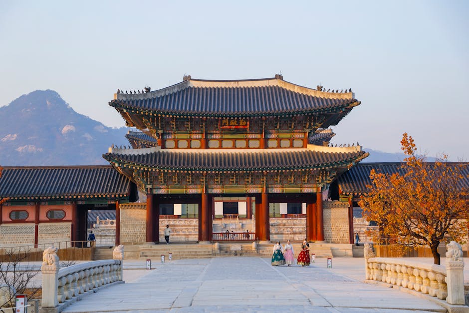 Gyeongbokgung Palace main courtyard with mountains behind