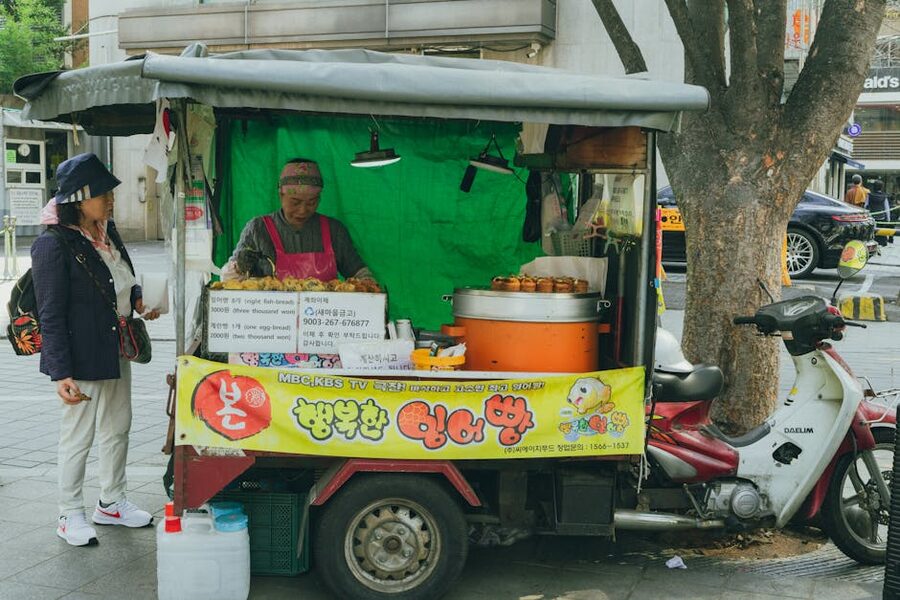 Korean street food stand in Seoul serving traditional snacks