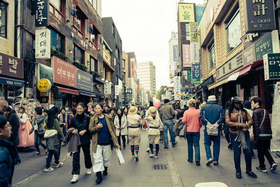 Busy Seoul street scene with shops and local life